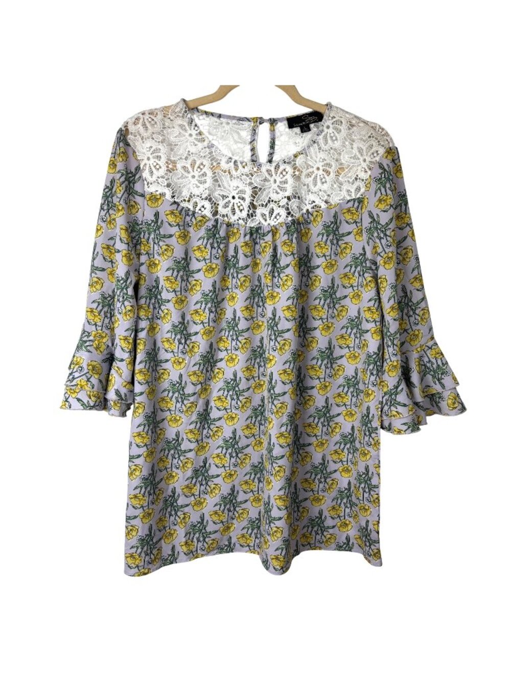 ✨3/$30 Suzanne Betro L Purple Floral Peasant Top Lace 3/4 Bell Sleeves Boho Retr
